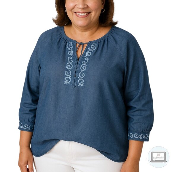 Chico’s Womens Embroidered Peasant Blouse 3/4 Sleeve Boho Top Blue Size 2 | L - Picture 1 of 15